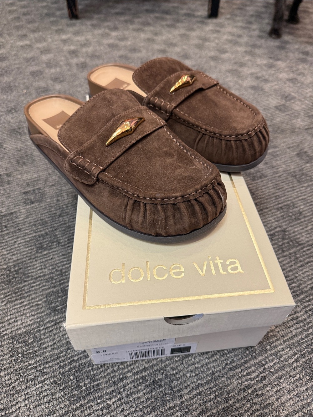Dolce Vita Chocolate Brown Suede Slip-On Mules with Gold Accent